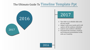 Timeline slide featuring milestones for 2016 and 2017, with circular markers and descriptive text for 2017.
