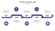 Horizontal purple timeline with five labeled years from 2017 to 2021, connected by a stepped path with caption areas.