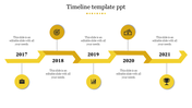 Timeline PowerPoint template with five key years 2017 to 2021, each with a yellow icon representing milestones.