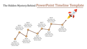 PowerPoint timeline template with a rocket icon, showing milestones from 2012 to 2020, with captions for each year.