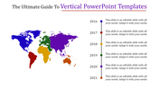 Slide featuring a multicolored world map and a vertical timeline with vibrant year markers and text details.