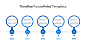 Horizontal timeline template with five blue markers labeled 01 to 05 and placeholders text areas for 20XX years.