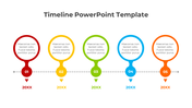 Colorful timeline template with five milestones, each represented by a circular icon in red, orange, yellow, green, and blue.