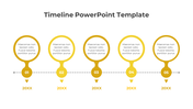 Horizontal timeline template with five golden markers labeled 01 to 05 and placeholders for 20XX years.