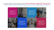 Colorful agenda template with alternating pink and blue blocks , caption areas showing business visuals.
