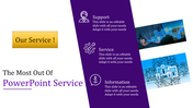PowerPoint service slide showcasing three sections Support, Service, and Information with corresponding icons.