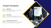 Clean project slide with numbered goals on the left and a photo of a presentation discussion in a geometric yellow border.