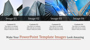 PowerPoint slide showcasing four images of modern buildings, with content areas below each image.