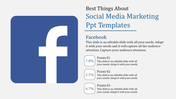 Social media marketing PowerPoint template featuring the Facebook logo and percentage points with placeholder text.