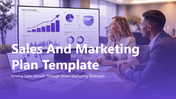 Sales and marketing plan presentation template showcasing strategy, target audience, channels and performance metrics.