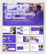 Sales and marketing plan presentation template showcasing strategy, target audience, channels and performance metrics.