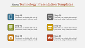 Organized six step infographic showcasing technology related icons in blue, green, orange, gray, yellow, and red tones.