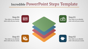 Colorful stack of square layers in the center with financial icons representing steps labeled step 01 through step 04.