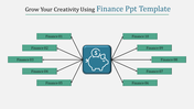 Central piggy bank icon connected to ten green blocks on both sides via arrows, illustrating financial flow.