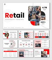 retail slide with store image, charts, icons, red black shapes, and structured text holders.