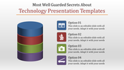 Technology slide featuring a stack of colored rings with icons representing technology themes.