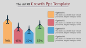 Four upward pointing rocket shapes in orange, red, blue, and green with growth metrics and a sidebar listing captions.