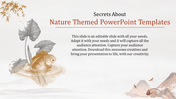Nature themed PowerPoint slide with a fish swimming in a pond surrounded by leaves with placeholder text.
