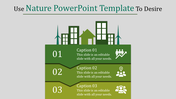 Nature themed template featuring a green tiered layout with three captions, buildings, and wind turbines.