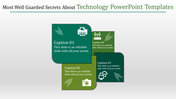 Technology PowerPoint template featuring sections with icons for cloud, router, camera, and printer with captions.