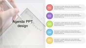 Agenda slide with a hand holding a stylus over a weekly planner and five colorful numbered sections on the right.