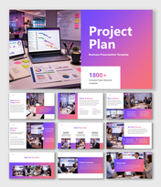 Modern project plan presentation template featuring milestones, team strategy, dashboards, and workflow planning. view.