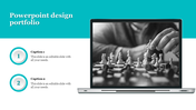 Modern slide portfolio layout showcasing a chess game on a laptop screen and numbered content placeholders.