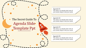 Agenda PowerPoint slide featuring a rocket icon and four numbered agenda sections with captions.