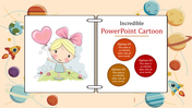 Cartoon template featuring whimsical child illustration in notebook design, surrounded by planets and rockets border.