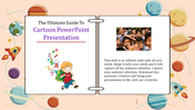 Cartoon style slide with a child, letters in motion, space elements, and a photo of happy children, with caption areas.