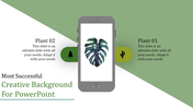 Slide with a smartphone displaying a leaf, surrounded by two captions, on a diagonal split green and white background,