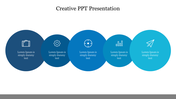 Creative presentation layout with five overlapping blue circles featuring icons and descriptive text inside each.