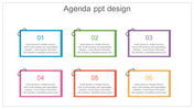 Agenda template with six numbered items, each with a placeholder text areas, presented in colored boxes with paper clips.