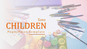 Children's theme PowerPoint slide showing colorful stationery and drawing tools.