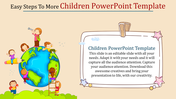Children playing around a globe, with a clipboard on the right displaying text, set against a beige background with stars.
