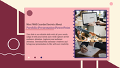 Portfolio PowerPoint slide featuring business professionals in a meeting and a creative design with placeholder text.