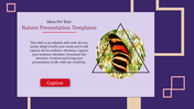 Nature slide featuring a butterfly image framed by a triangle, with placeholder text and a red button over a purple layout.