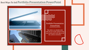 Portfolio slide with two images of a laptop and skyscrapers, framed on a red background with placeholder text areas.