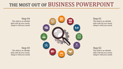 Infographic style business slide with four steps in a circular layout, featuring icons representing business concepts.