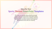 Central text overlay with a multicolor gradient background featuring sports player and a ball illustrations in faded tones.