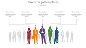 Professional executive PowerPoint template showcasing five color coded silhouettes with text placeholders for descriptions.