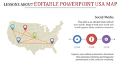 USA map with multiple location pins connected by lines, paired with social media icons and engagement statistics below.