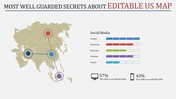 US map with Asian region connections marked by social media icons accompanied by percentage bars for each platform.
