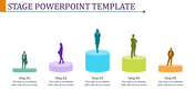 Stage PowerPoint template featuring five individuals on colored platforms, each representing different steps in a process.