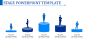 Blue stage themed template with five podiums of varying heights featuring silhouettes representing steps 01 to 05.
