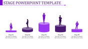 Five purple podiums with silhouettes of people in various poses representing different steps in a process.