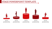 Red stage diagram with five cylindrical platforms showcasing silhouettes of professionals representing steps.