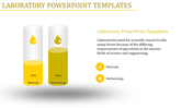 Laboratory infographic with two yellow cylinders labeled Materials and Methodology alongside descriptive text.
