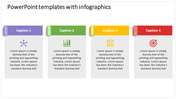 Colorful PowerPoint template with infographic icons each with a caption and placeholder text.