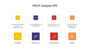 Four vertical blocks representing SWOT elements in yellow, purple, red, and orange, with icons and text.